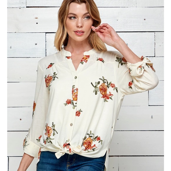 FIGUEROA & FLOWER 3/4 SLEEVE EMBROIDERED TOP size petite large - Picture 1 of 12
